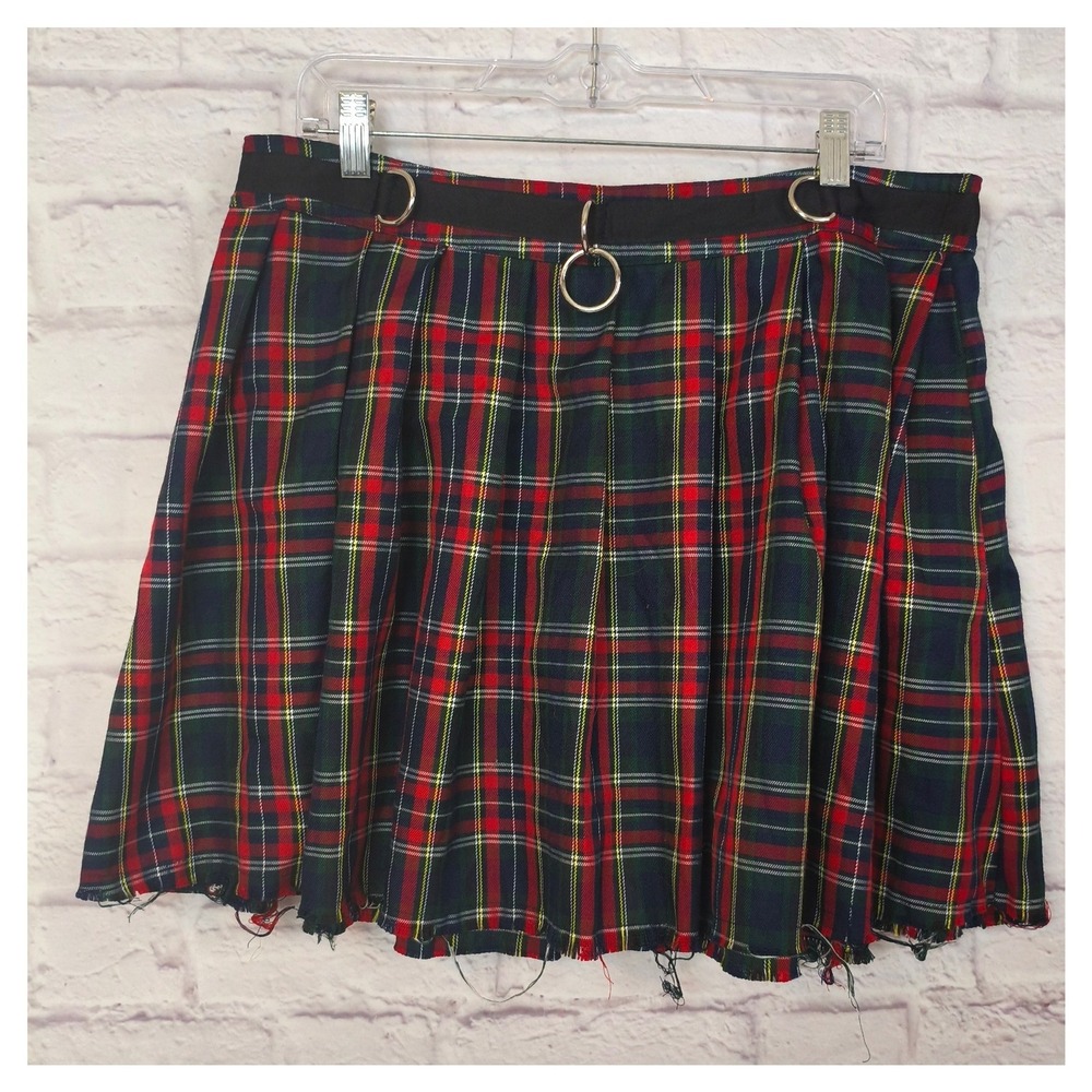 Current Mood Womens 1X Red Plaid Pleated Mini Skirt Raw Hem Grunge Emo Bratz